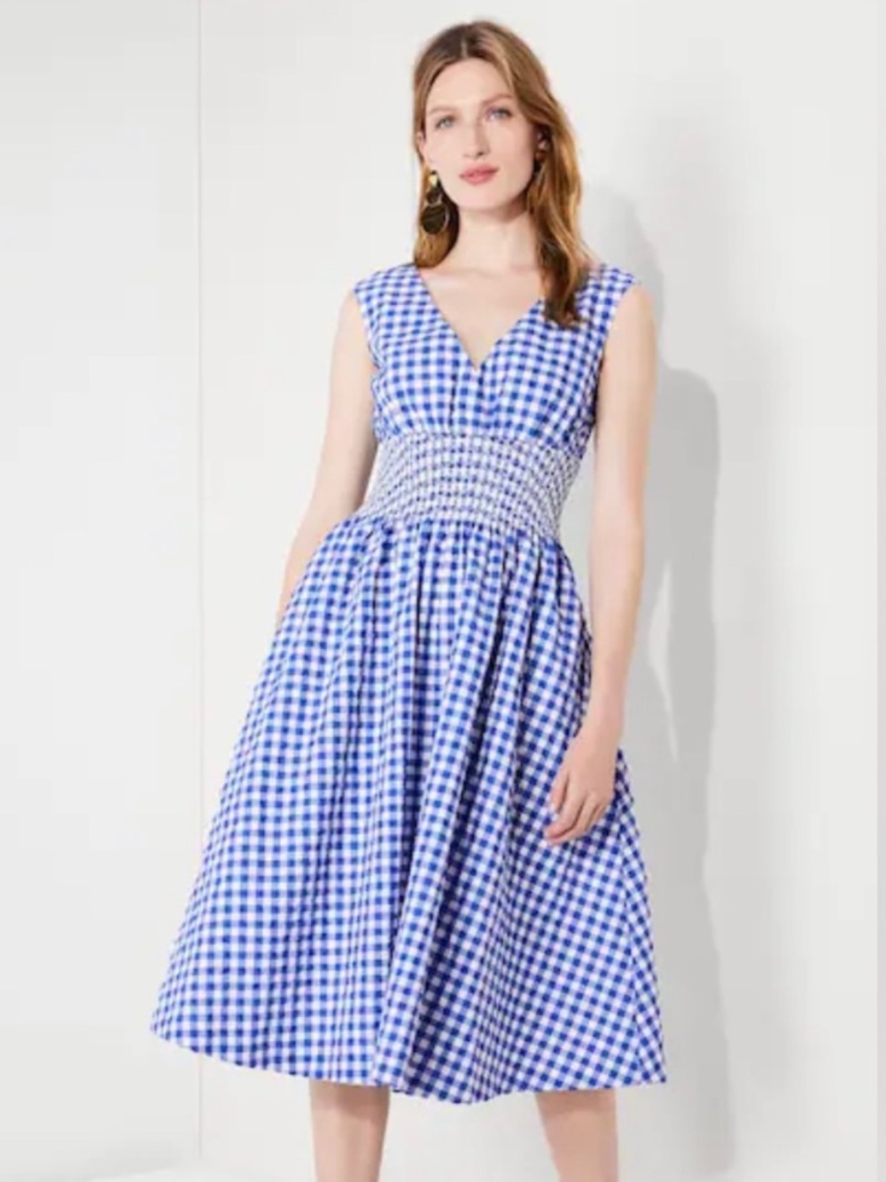 kate spade Blue Gingham Smocked Waist Midi Dress